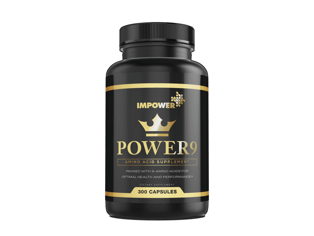 Black and gold POWER9 amino acid supplement bottle, front label, 300 capsules