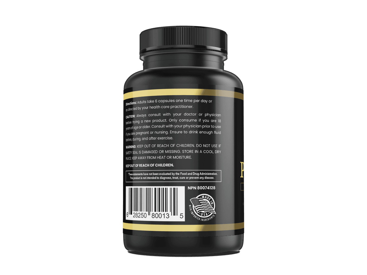 POWER9 bottle label showing directions, cautions, storage instructions and barcode
